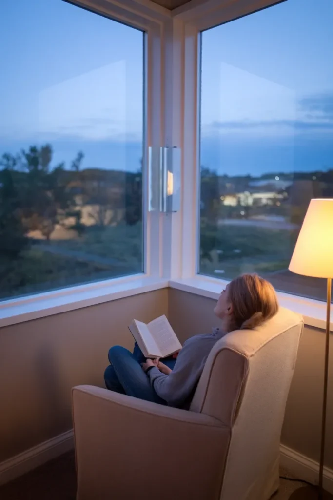 Reader pausing in a corner armchair to look out a window, following the 20-20-20 eye rest rule.
