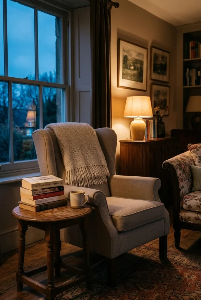 Reading corner beside a floral sofa with armchair, book stack and warm lamp at blue hour.