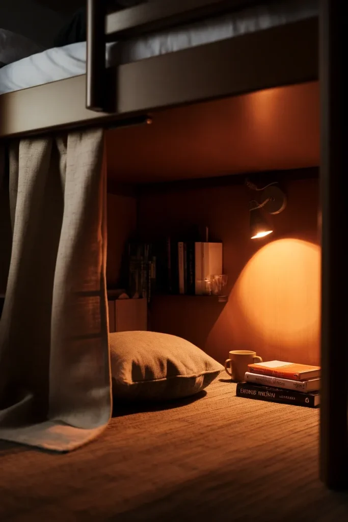 Reading nook built in the dead space under a lofted dorm bed with a floor cushion and clip light.