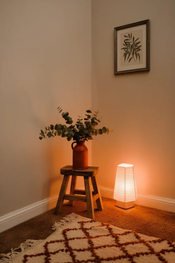 Rental apartment corner with washable rug, thrifted stool, botanical print and warm lamp light.