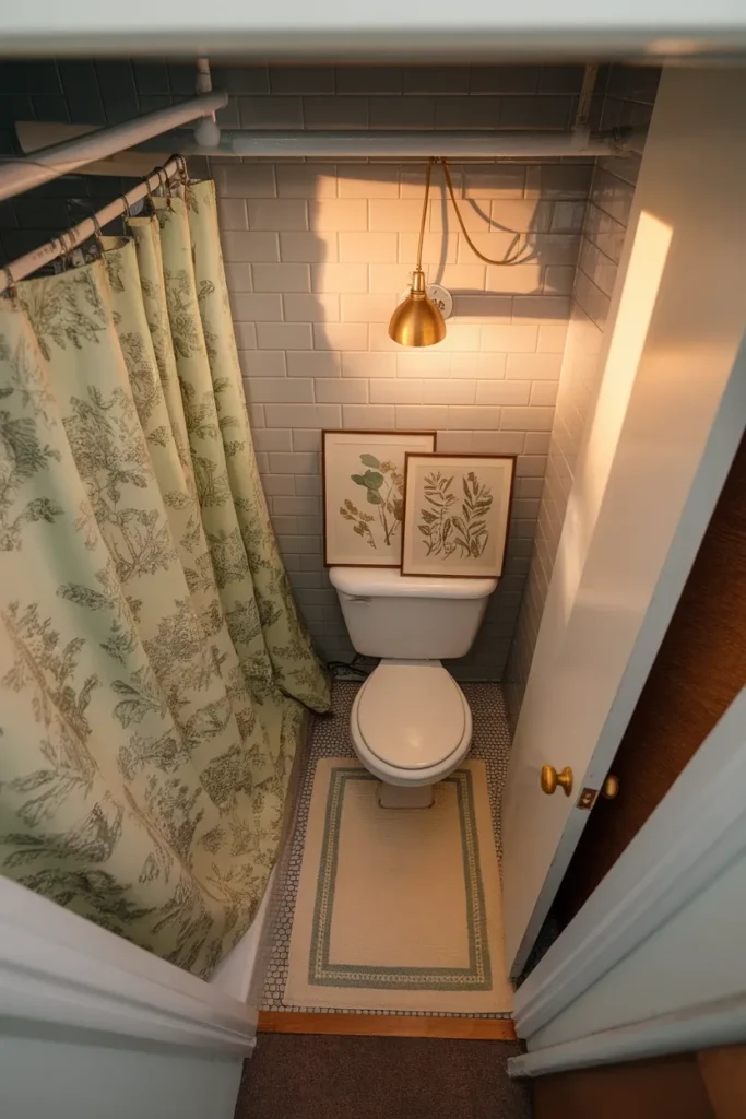 Rental bathroom with floral shower curtain, leaning botanical prints and a plug in brass sconce