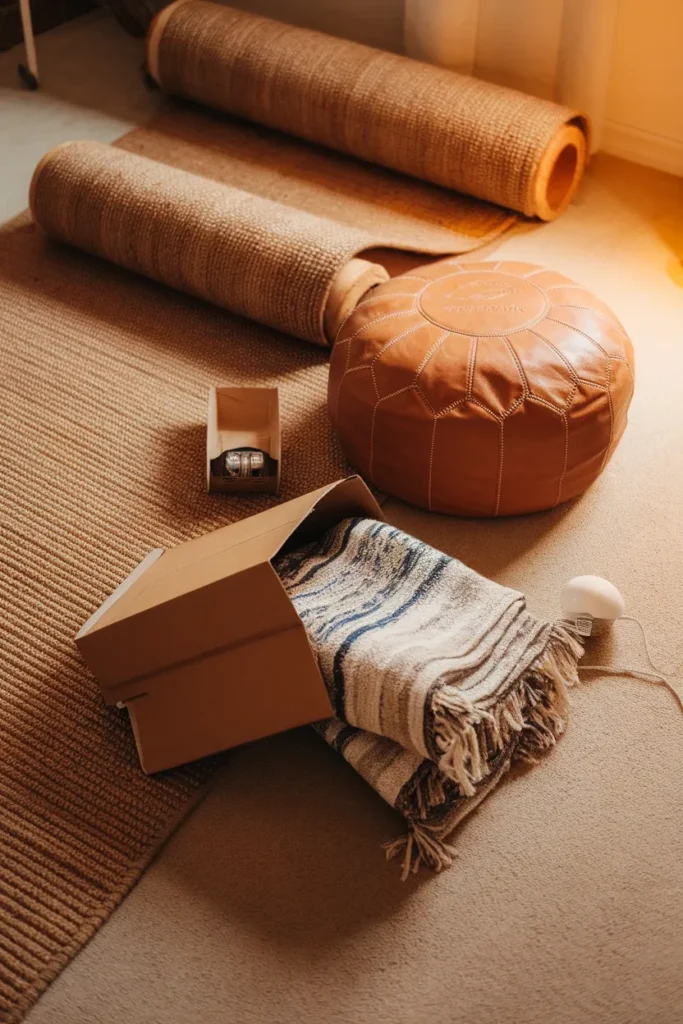 Rental corner mid-setup with jute runner, caramel pouf, and a warm white bulb still boxed.