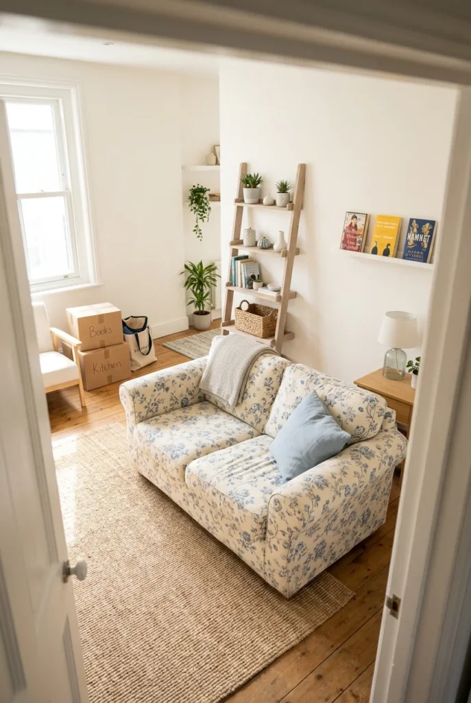 Rental living room with a floral slipcovered sofa, leaning shelf and no-drill picture ledge.