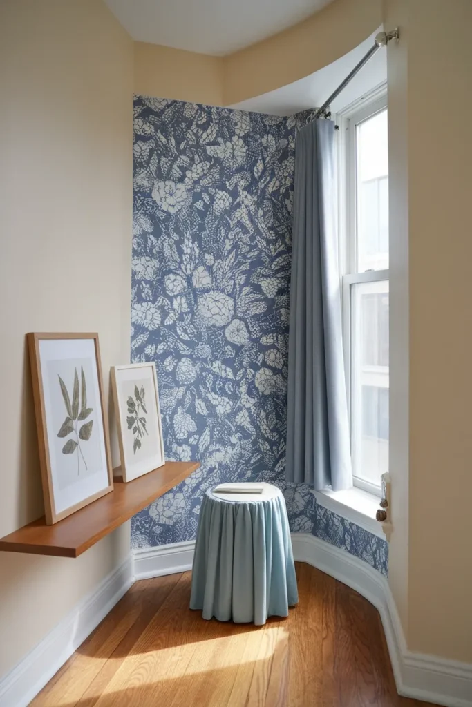 Renter friendly alcove with peel and stick floral wallpaper, cafe curtains and a skirted side table.