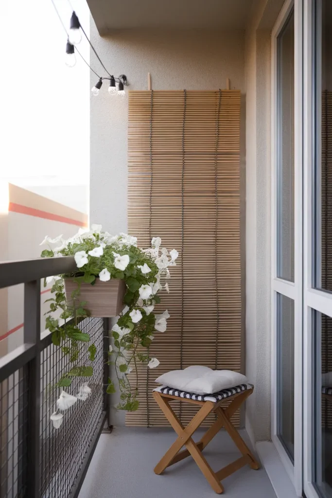 Renter friendly cottagecore balcony with tension rod string lights, railing planter, and bamboo screen.