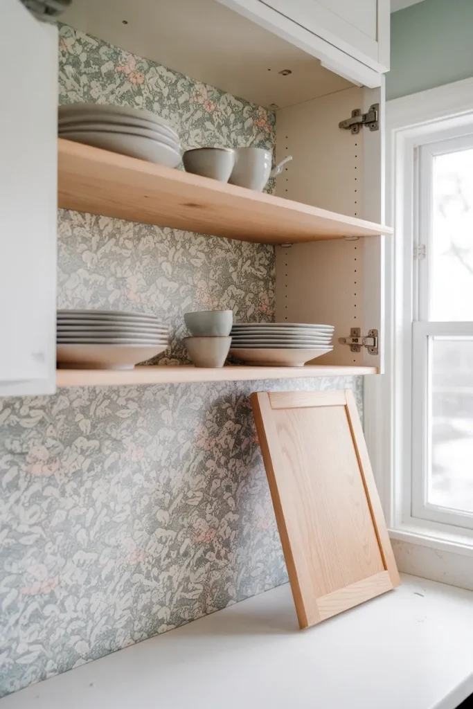 Renter friendly open shelving made by removing cabinet doors and adding thicker shelf boards.