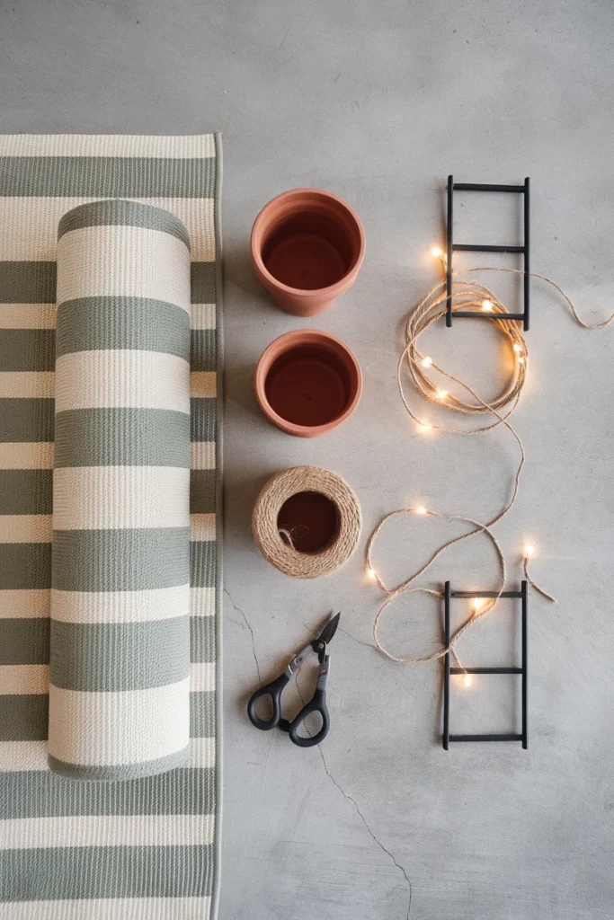 Rug, terracotta pots, brackets and string lights laid out on concrete before a balcony makeover.