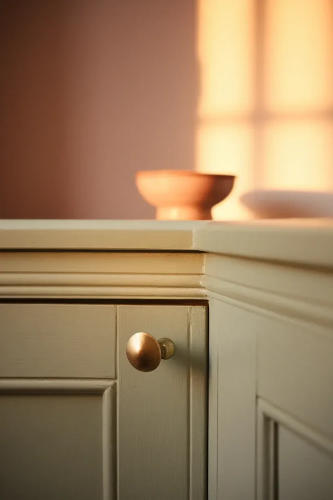 Sage green cabinet with brass cup pull against cream wall in a vintage kitchen palette.