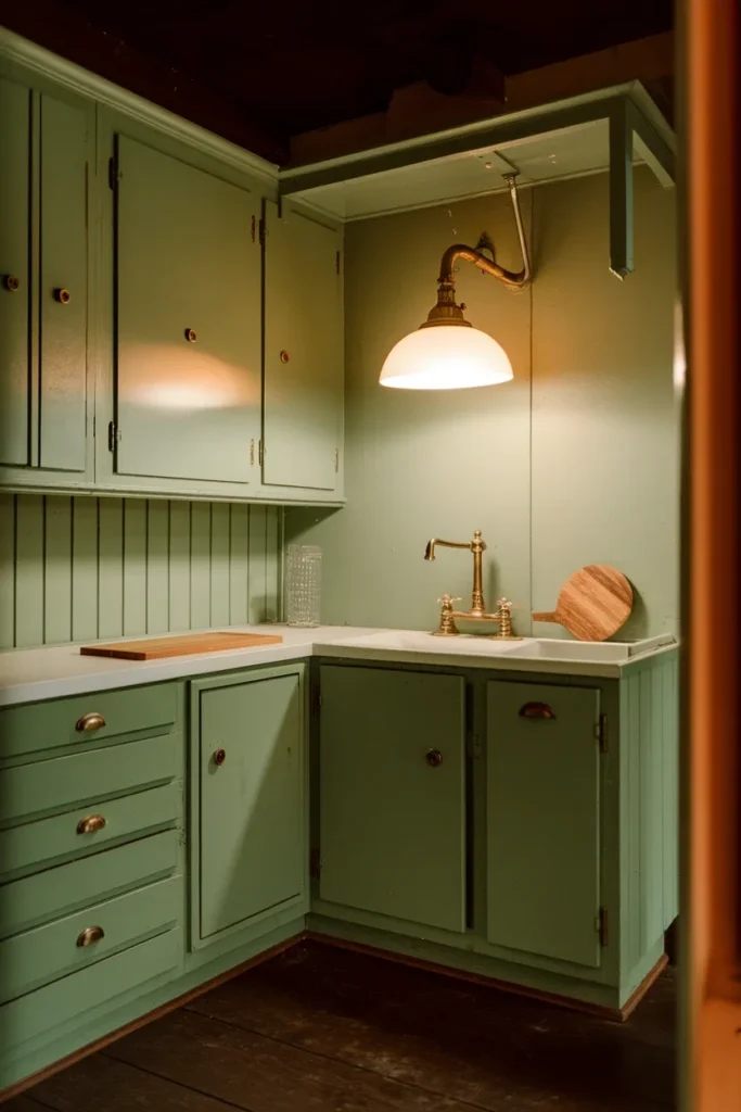 Sage green kitchen cabinets at night under a warm pendant bulb showing a deeper color.