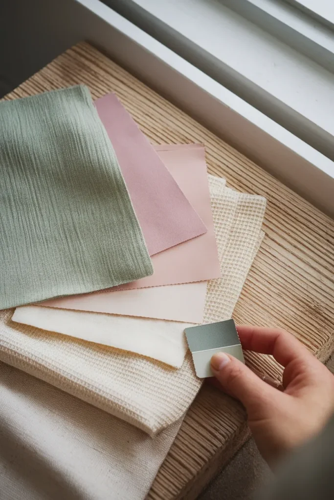 Sage, rose, and cream swatches tested against raw pine for a cottagecore color palette.