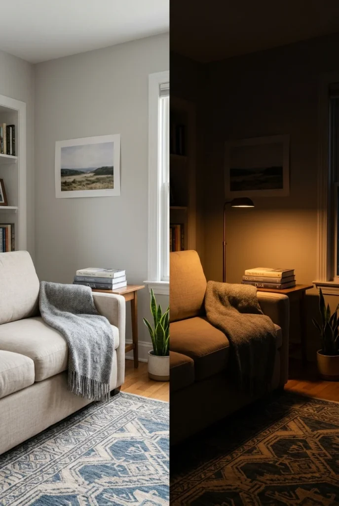 Same living room corner shown at 6 p.m. bright and 10 p.m. dimmed to warm lamplight.