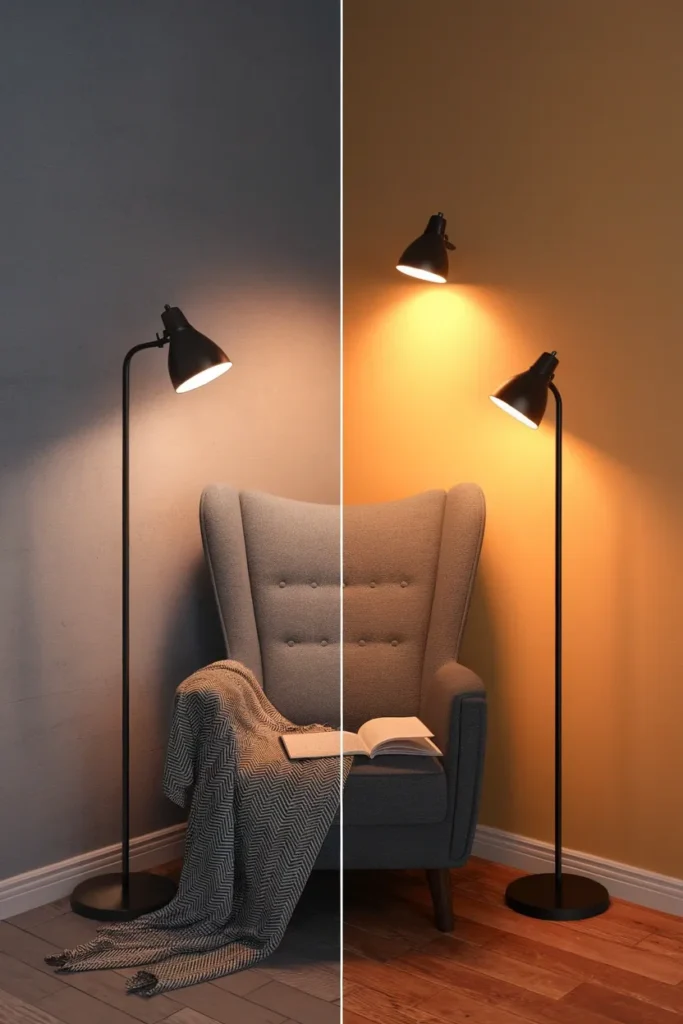 Same reading corner shown twice, cold gray at 4 pm and warmly lamp lit at 8 pm.