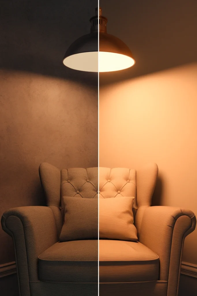 Same reading corner under 5000K daylight versus 2700K warm white bulb, showing the color difference.