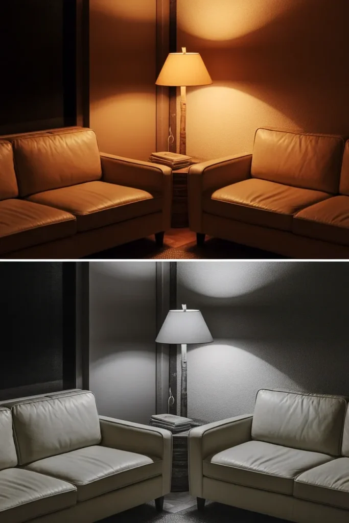 Same warm neutral corner under 2700K versus 4000K bulbs showing color shift.