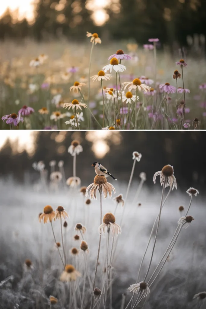Same wildflower garden in July at full bloom and in January as frosted seed heads with a goldfinch.