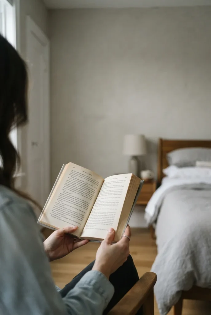 Seated point of view from a reading chair showing the bed pushed out of the direct sightline.