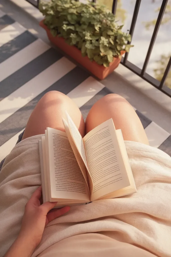 Seated reader point of view with open book on a linen throw, balcony plants and railing beyond.
