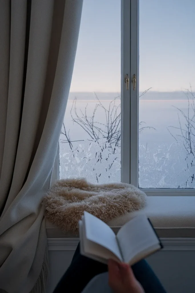 Seated view toward a frosted window seat with sheepskin and heavy oatmeal curtain half drawn.