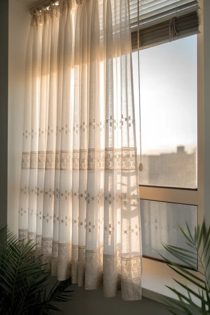 Sheer ivory cafe curtain on a tension rod covering the lower two thirds of a dorm window.