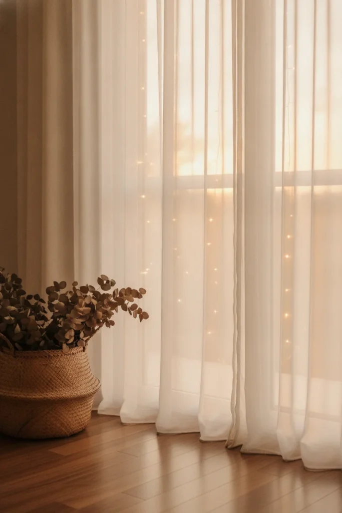 Sheer white curtains backlit by warm fairy lights creating a soft diffused glow at golden hour.