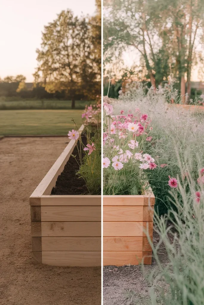 Side by side of an empty new cedar raised bed and the same bed one season later full of cottage flowers. Raised Garden Bed Cottage