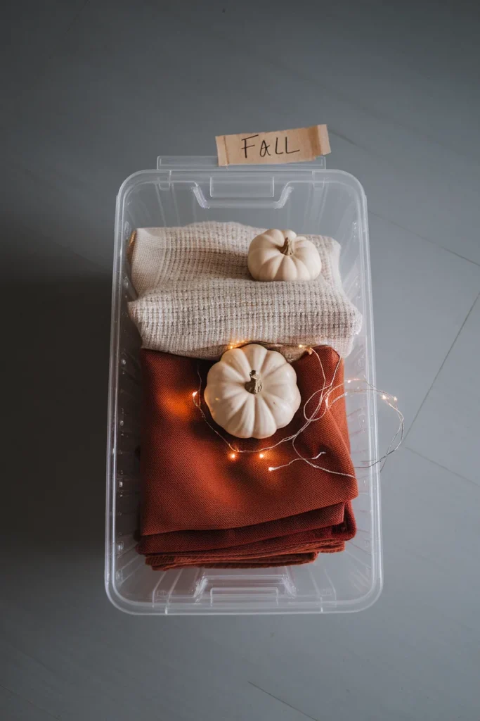 Single storage tote packed with folded fall throws and white pumpkins using the one bin rule.