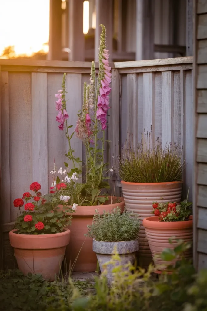 Six terracotta pots in three sizes on a small rental patio, planted cottage garden style at golden hour.