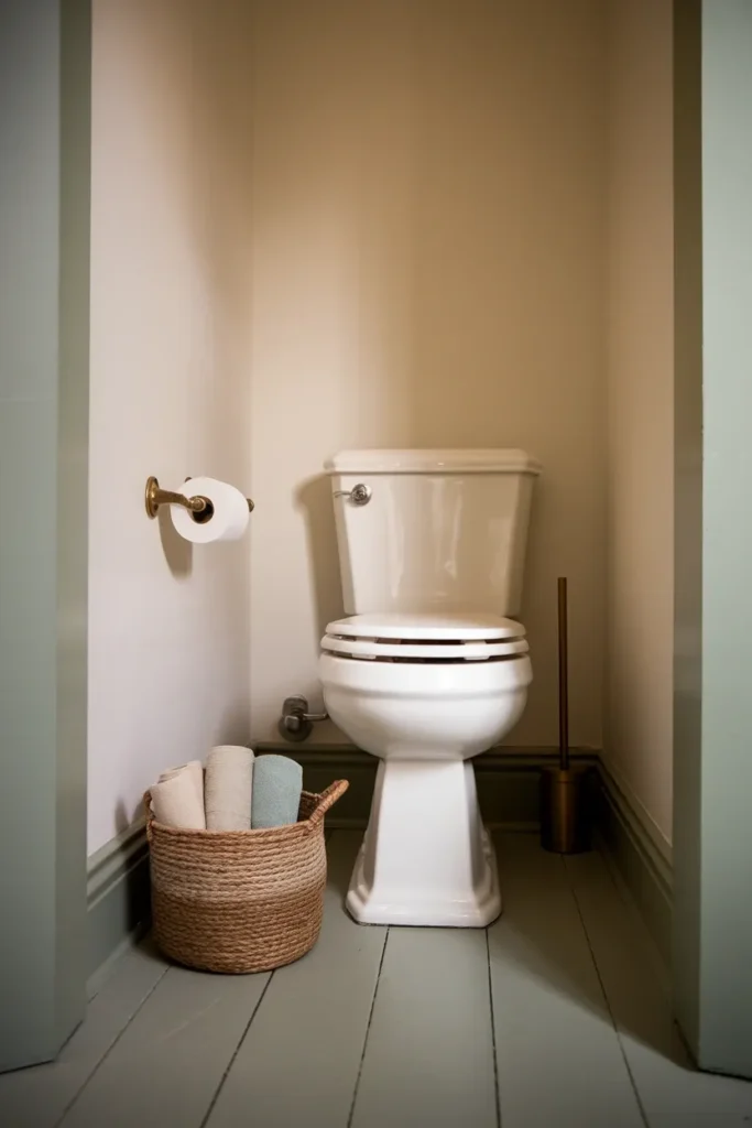 Skirted white toilet with brass paper holder and jute basket in a cottage powder room.