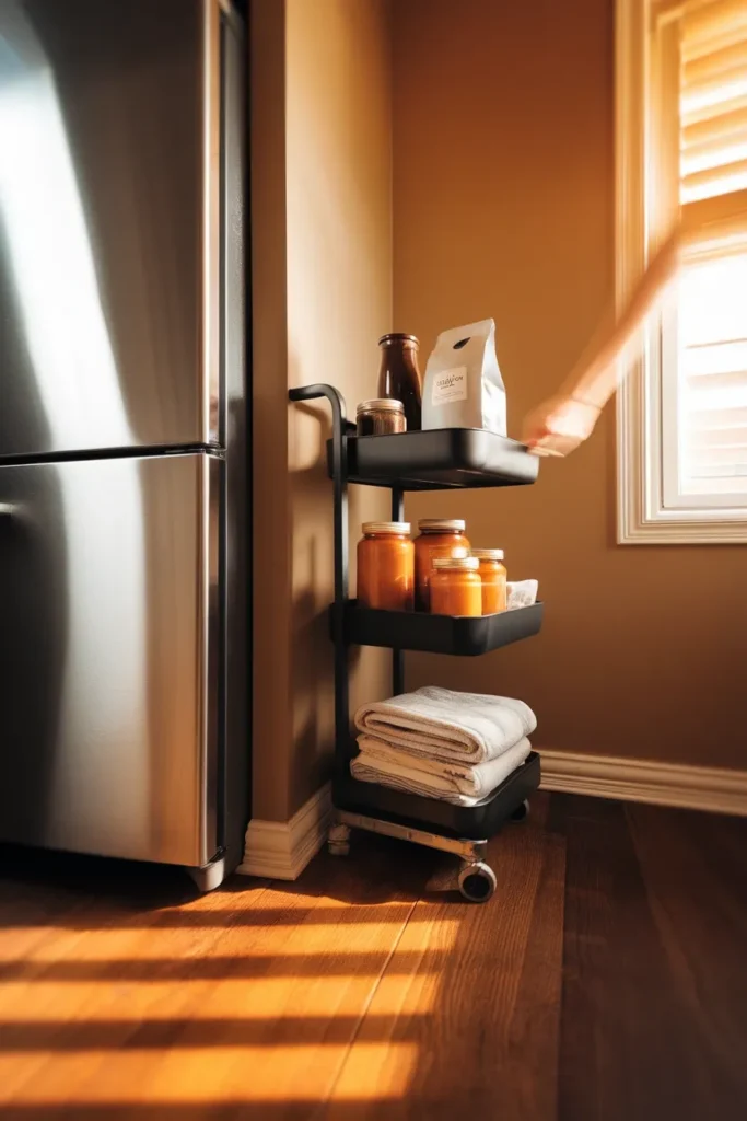 Slim black rolling cart pulled from a narrow gap beside a refrigerator in golden hour light.