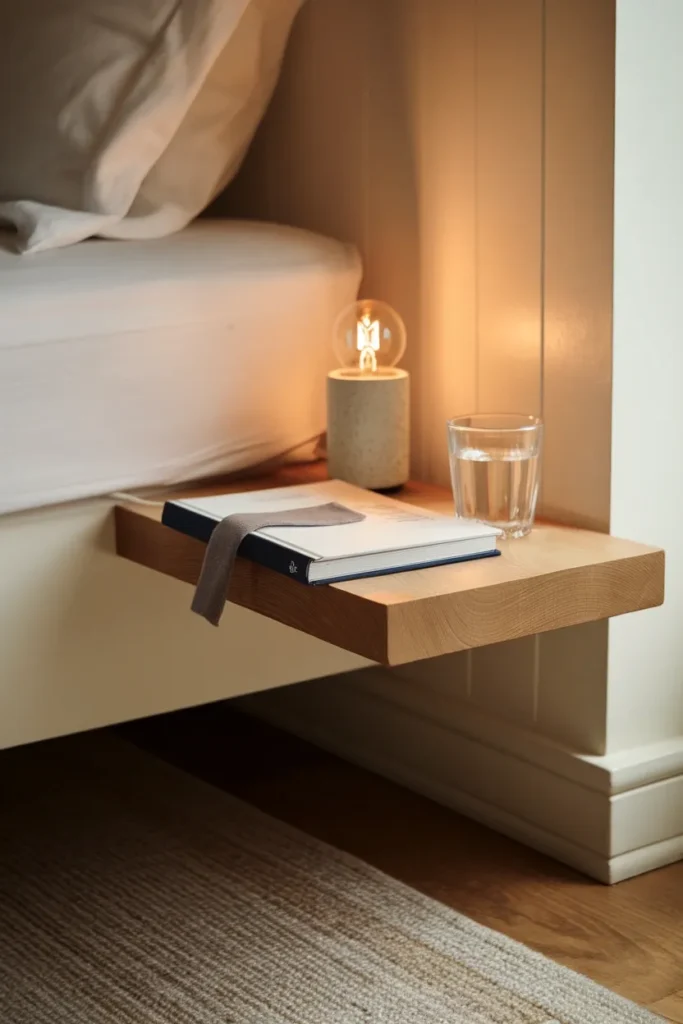 Slim floating shelf nightstand with a small lamp and book beside a bed, floor clear underneath.