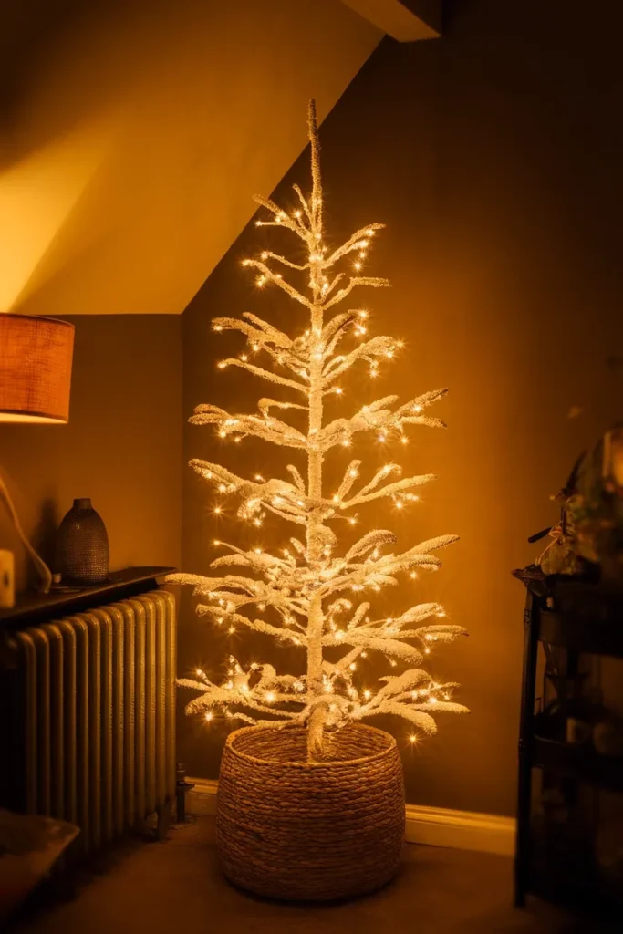 Slim flocked Christmas tree in a seagrass basket glowing in a small living room corner at night.