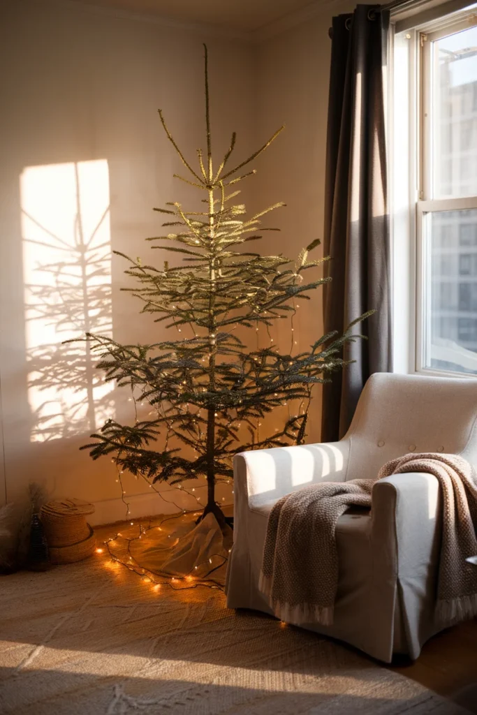 Slim pencil tree in a small apartment living room corner with warm string lights and a linen armchair. Small Apartment Christmas Decor