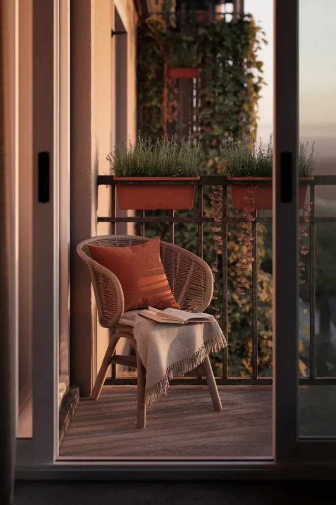 Small apartment Balcony Garden Ideas with terracotta rail planters, rattan chair, and linen throw at golden hour.