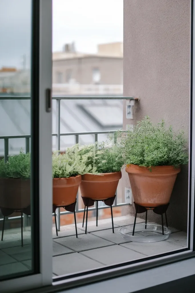 Small apartment balcony with cottage garden pots raised on feet along the wall, renter safe setup.