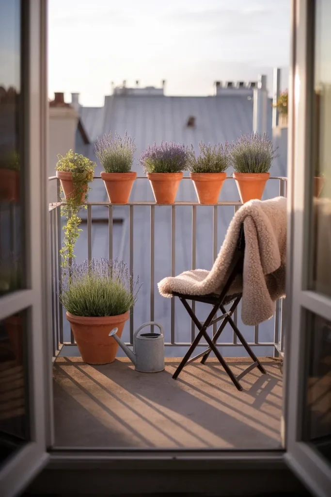 Small apartment balcony with matching terra cotta pots of lavender and a bistro chair at golden hour.