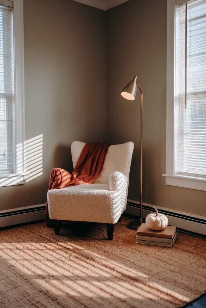 Small apartment fall decor in a rented living room corner with a rust throw and warm lamp light.