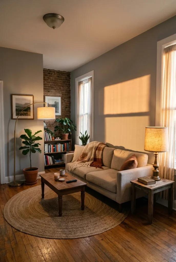 Small apartment living room with cozy living room lighting from two warm lamps at golden hour.