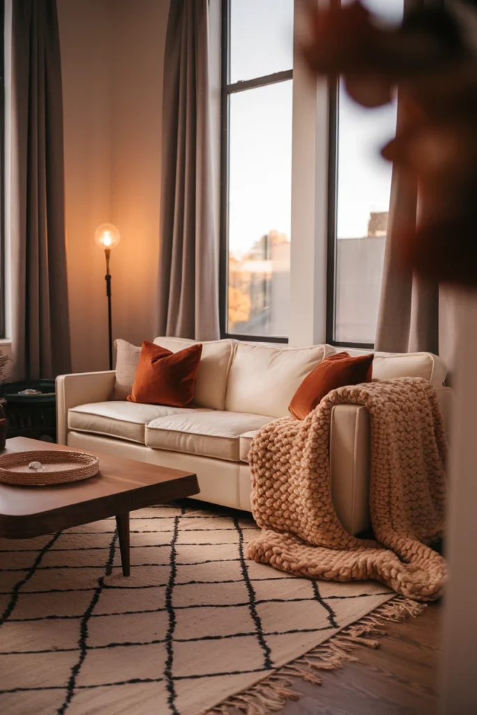 Small apartment living room with fall decor, knit throw and rust pillows in golden afternoon light.