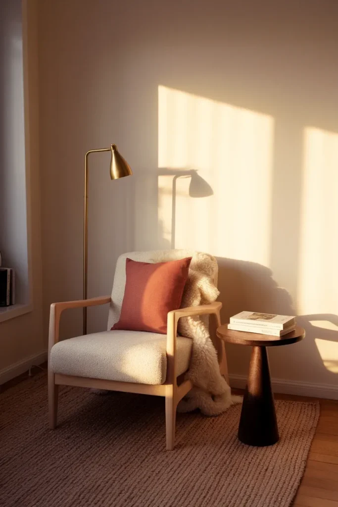 Small apartment reading corner layering cozy textures in warm afternoon light. Cozy Textures Layering Decor
