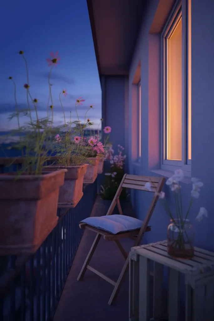 Small balcony garden with terracotta pots of cosmos and zinnias at dusk.