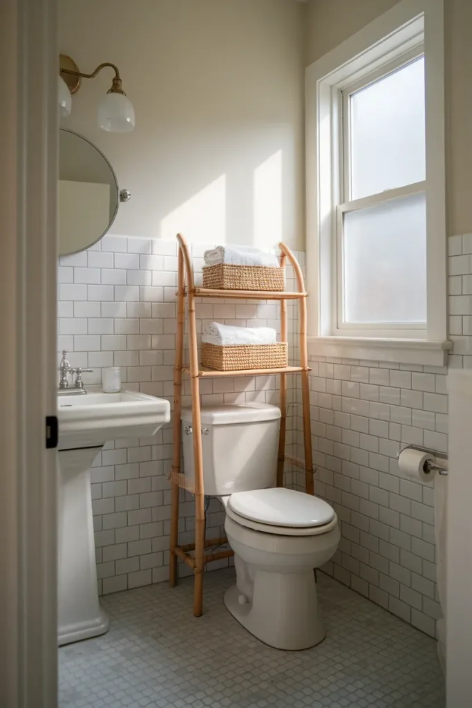 Small bathroom storage ideas in a rental bamboo shelf over the toilet holding towels and baskets.