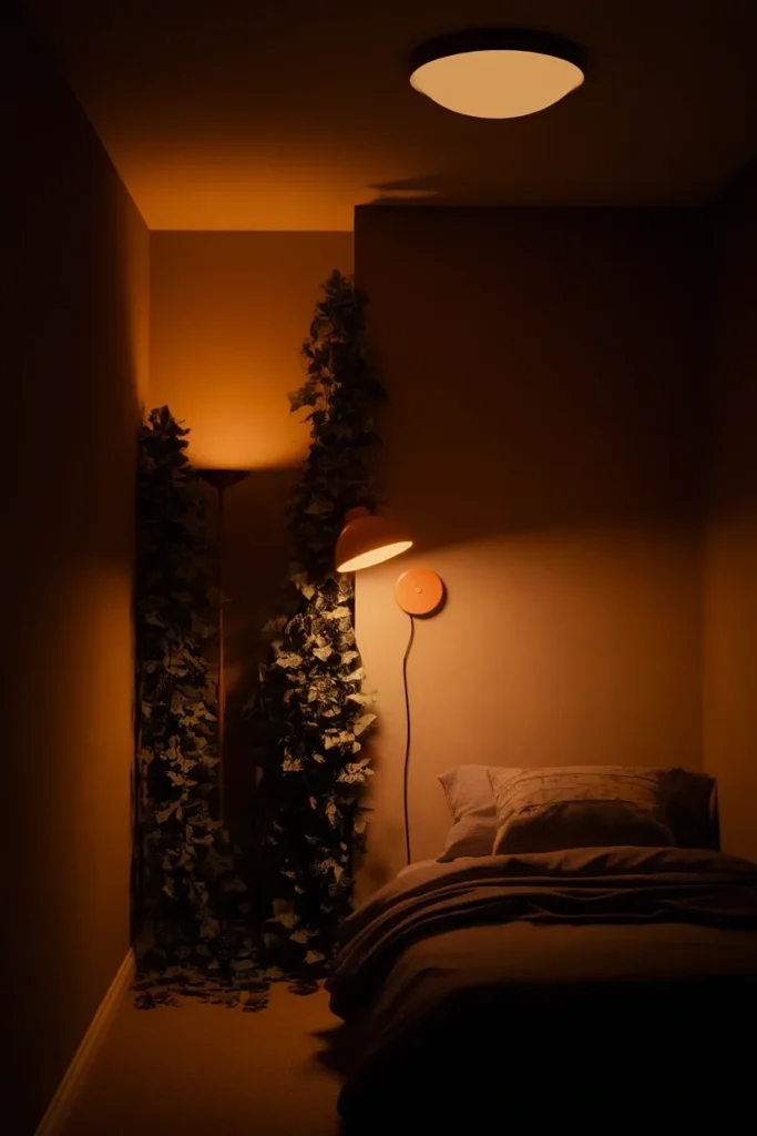 Small bedroom at night lit by a wall sconce, a low floor lamp, and a dimmed ceiling light. Tiny Bedroom Ideas