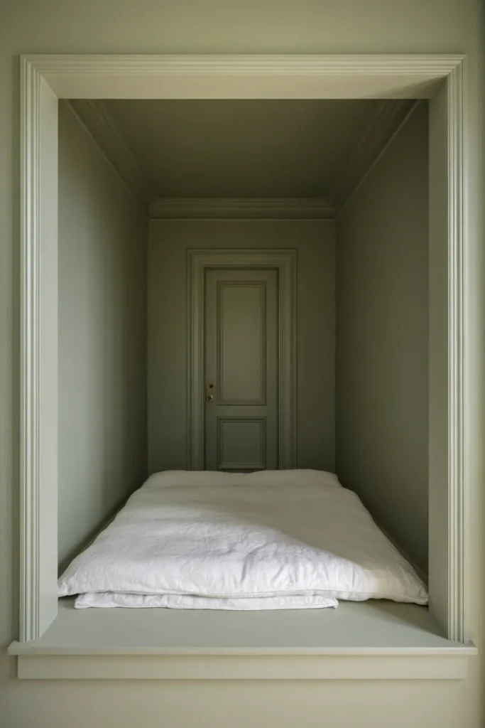 Small bedroom painted one sage green shade across walls, trim, and ceiling with white bedding.