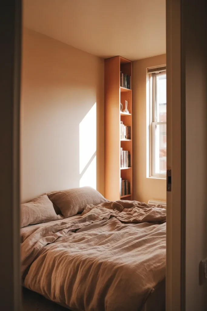 Small bedroom with a full bed against one wall and a clear walking lane in morning light.