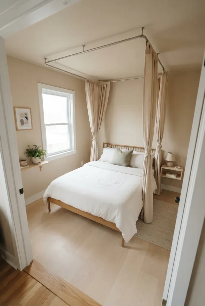 Small bedroom with a slim ceiling-mounted canopy at corners only, wall and panels matched in oat.