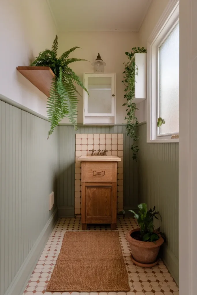 Small cottage bathroom with sage green beadboard, oak vanity, and trailing bathroom plants on shelves.