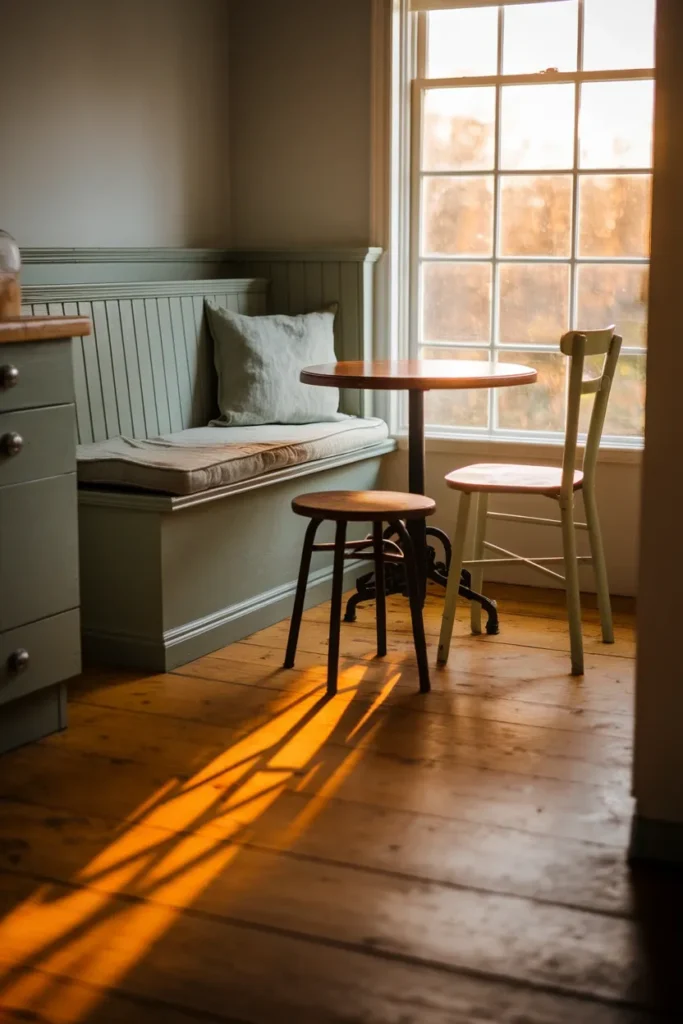 Small cottage breakfast nook with a sage painted bench and linen cushion in golden hour light.
