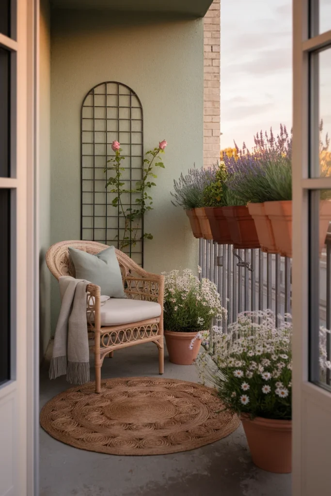 Small cottage garden on a balcony with lavender pots, rattan chair and linen throw at golden hour. Small Cottage Garden Ideas