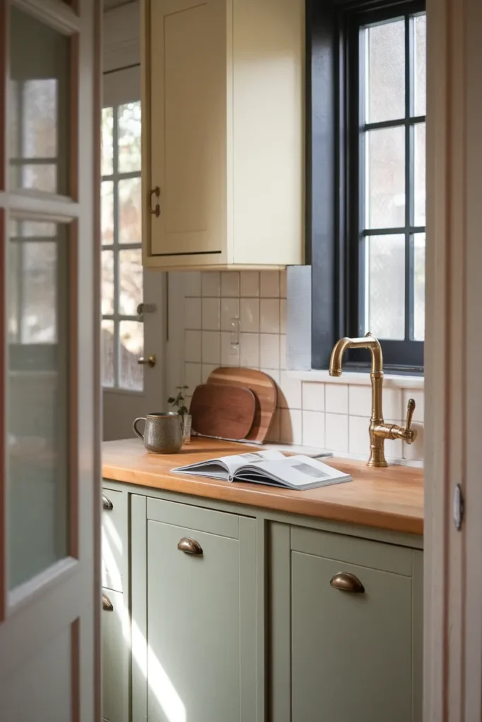 Small cottage kitchen with muted sage green lower cabinets and cream uppers in morning light. Pastel Kitchen Ideas