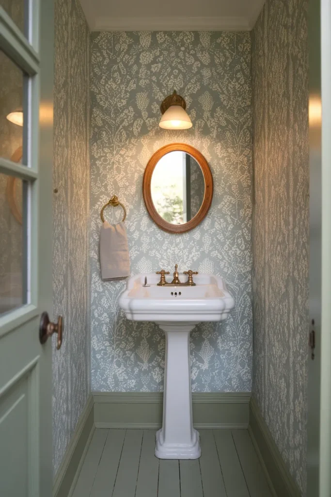 Small cottage powder room with sage botanical wallpaper, pedestal sink and brass sconce.